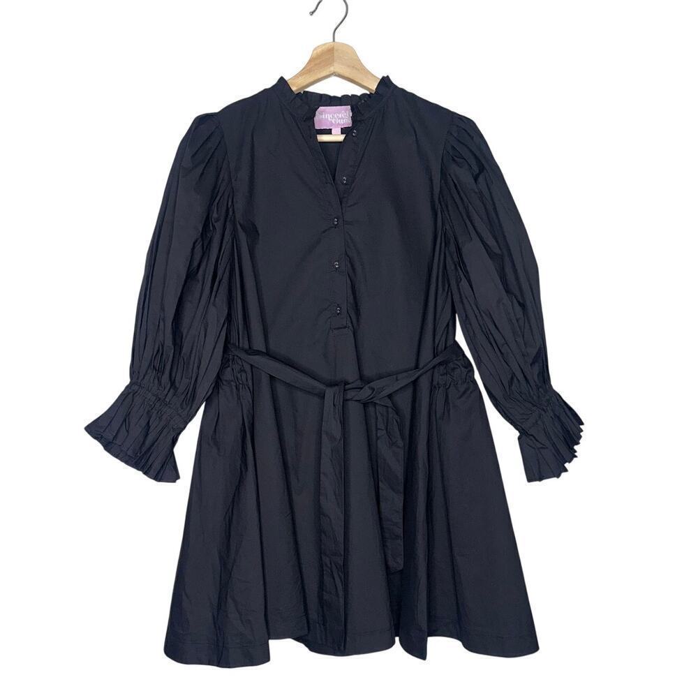 Sincerely Ours Button Front Waist Tie Rayon Ruffle Mini Dress Black Size XS